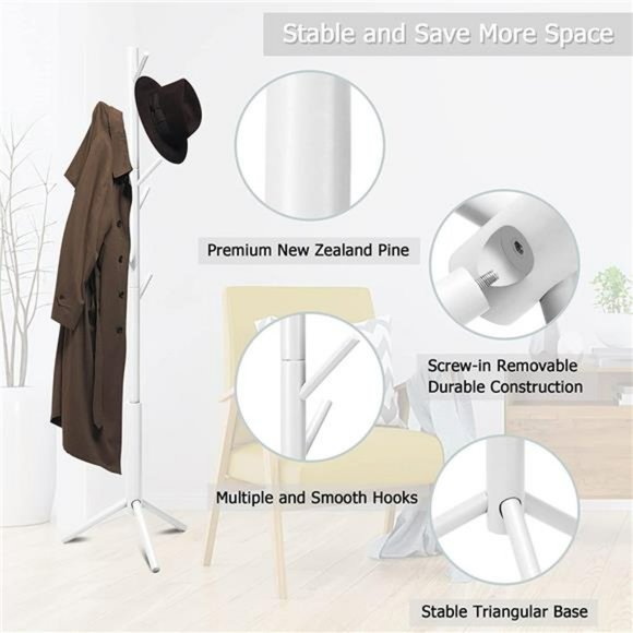Coat Rack Freestanding with 8 Hooks 3 Adjustable Height Coat Racks Stand, White - Picture 4 of 6